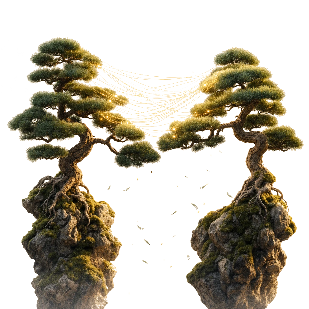 Two sculpted pines on rock spires connected by arcs of golden light